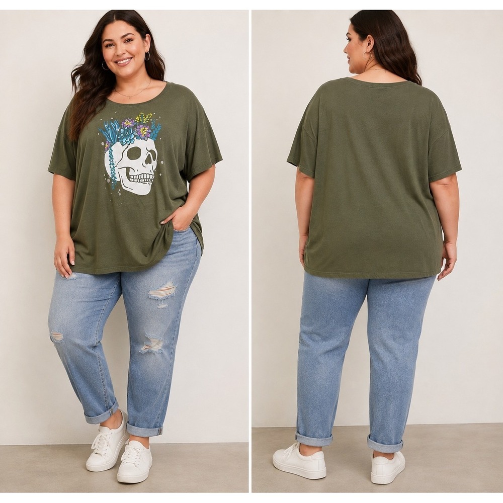 Torrid Relaxed Fit Skull Floral Graphic T-Shirt Olive Green Women's Size 0